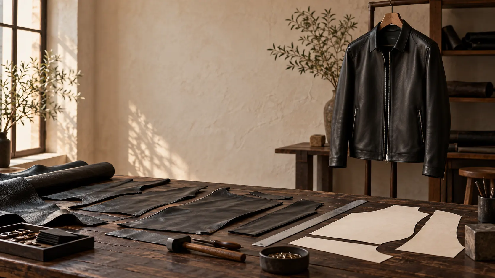 Black leather jacket and pattern pieces arranged inside the Basharat Atelier workspace