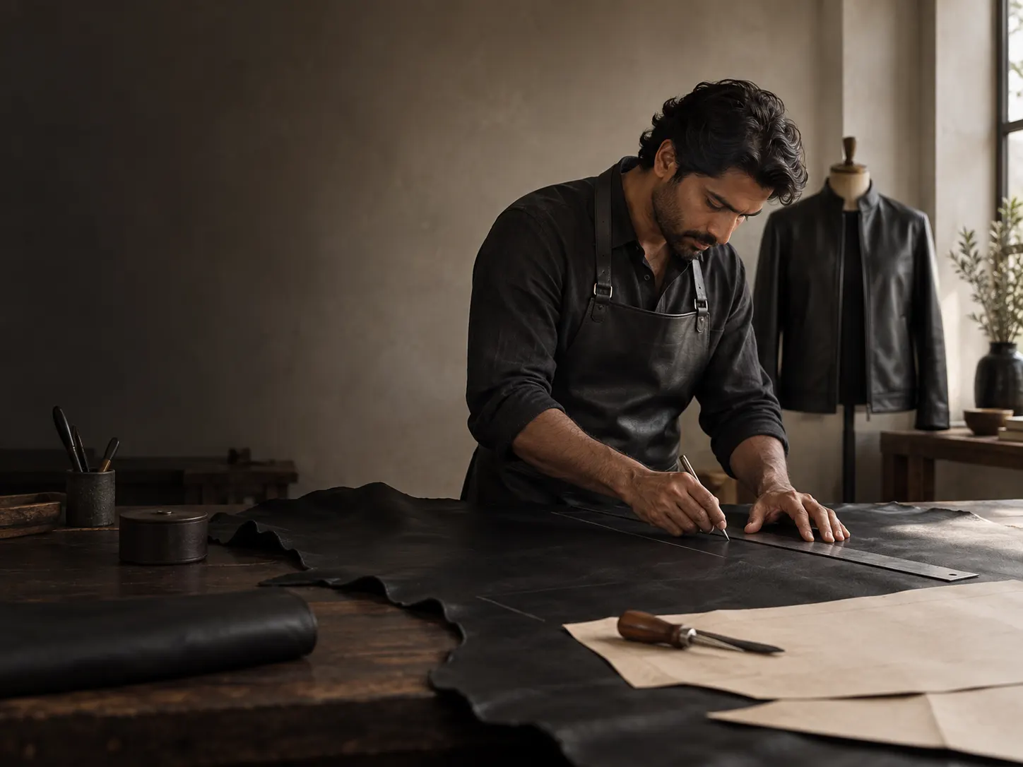 Leather artisan preparing black leather for a Basharat Atelier jacket