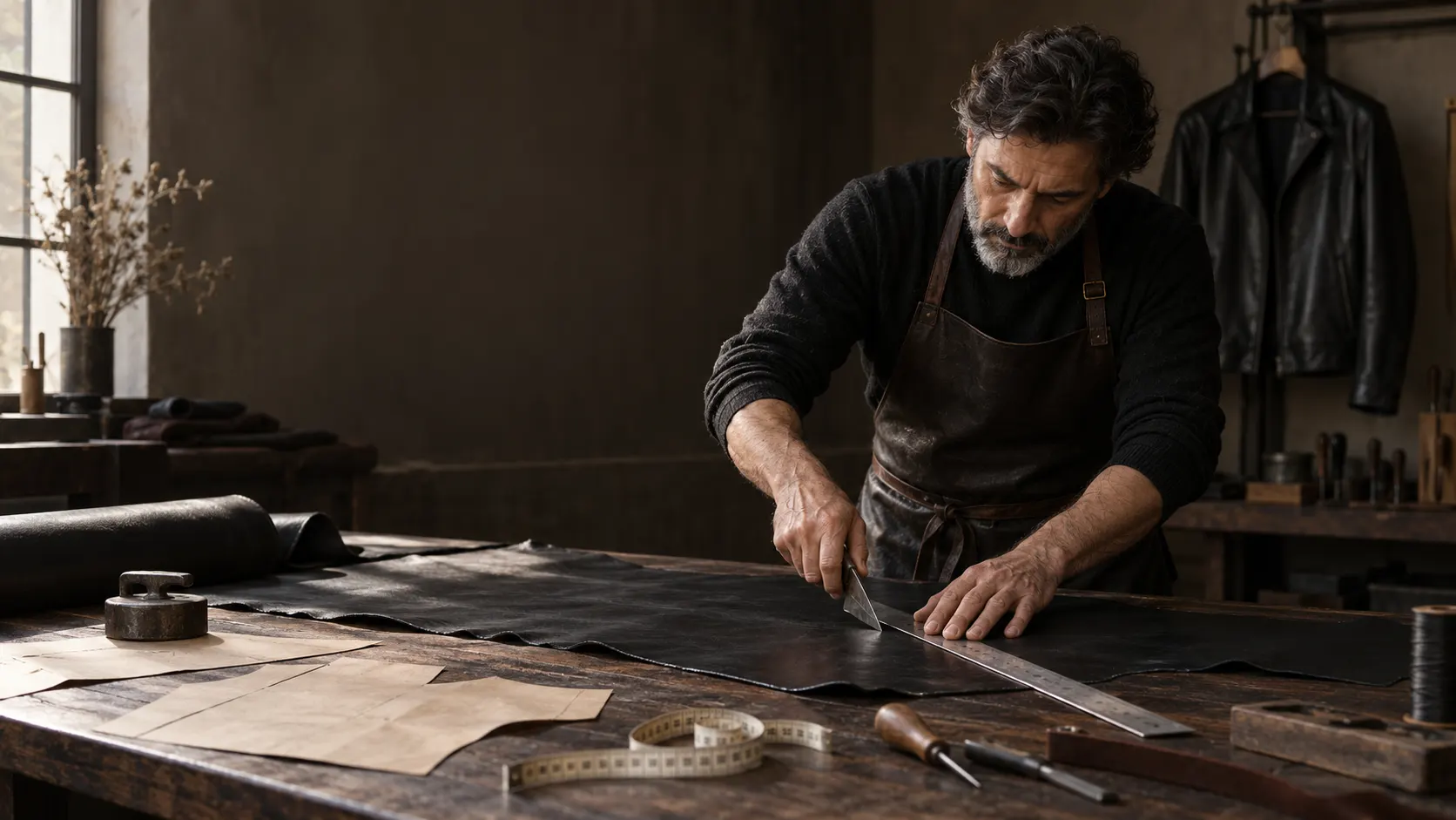 Leather artisan cutting a black leather jacket panel in the Basharat Atelier workshop