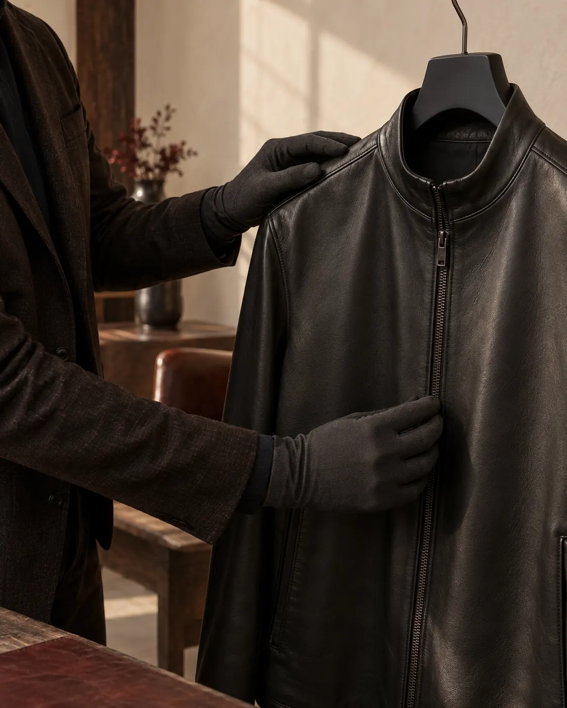 Basharat Atelier black leather jacket being inspected for fit and finish
