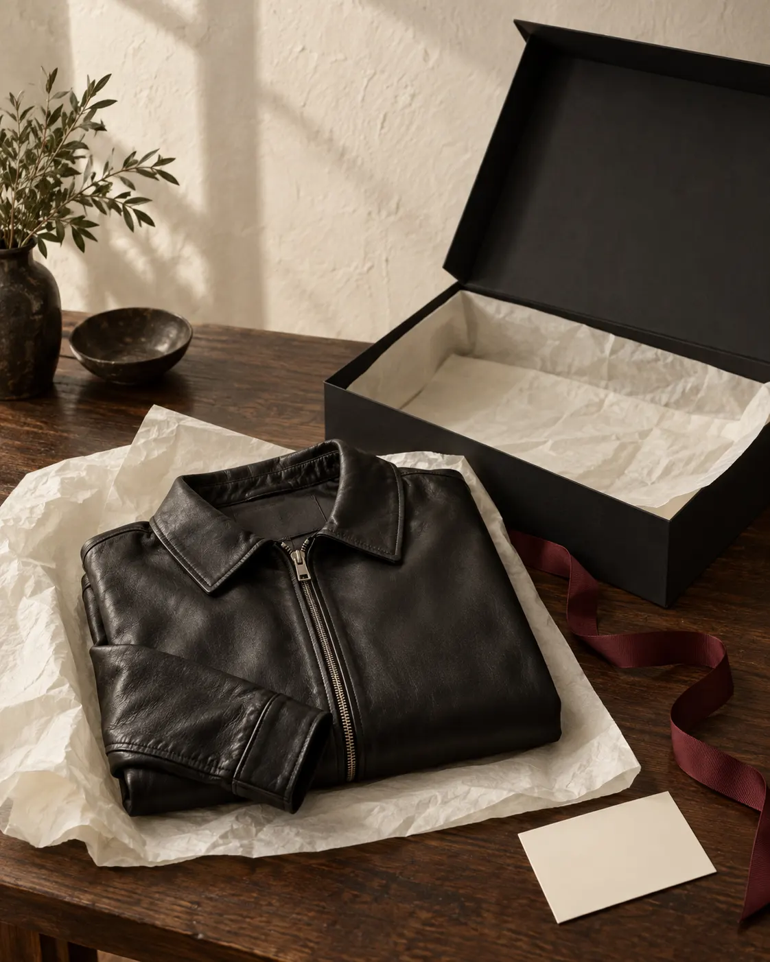 Black leather jacket carefully prepared for tracked delivery from Basharat Atelier