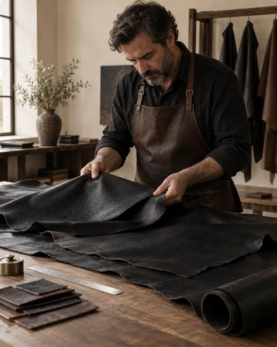 Black leather hides being inspected for grain and consistency before jacket production