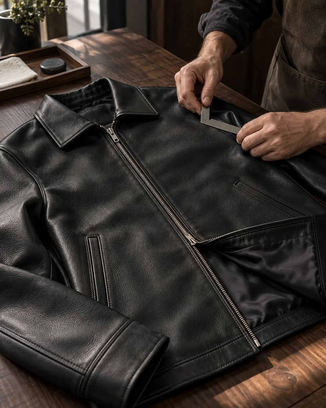 Close view of precise stitching and hardware inspection on a black leather jacket