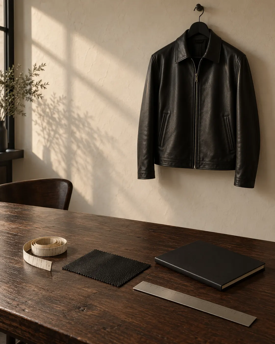 Black leather jacket and measuring tools prepared for a Basharat Atelier consultation