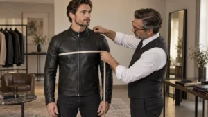 Man being measured for the fit of a black leather jacket