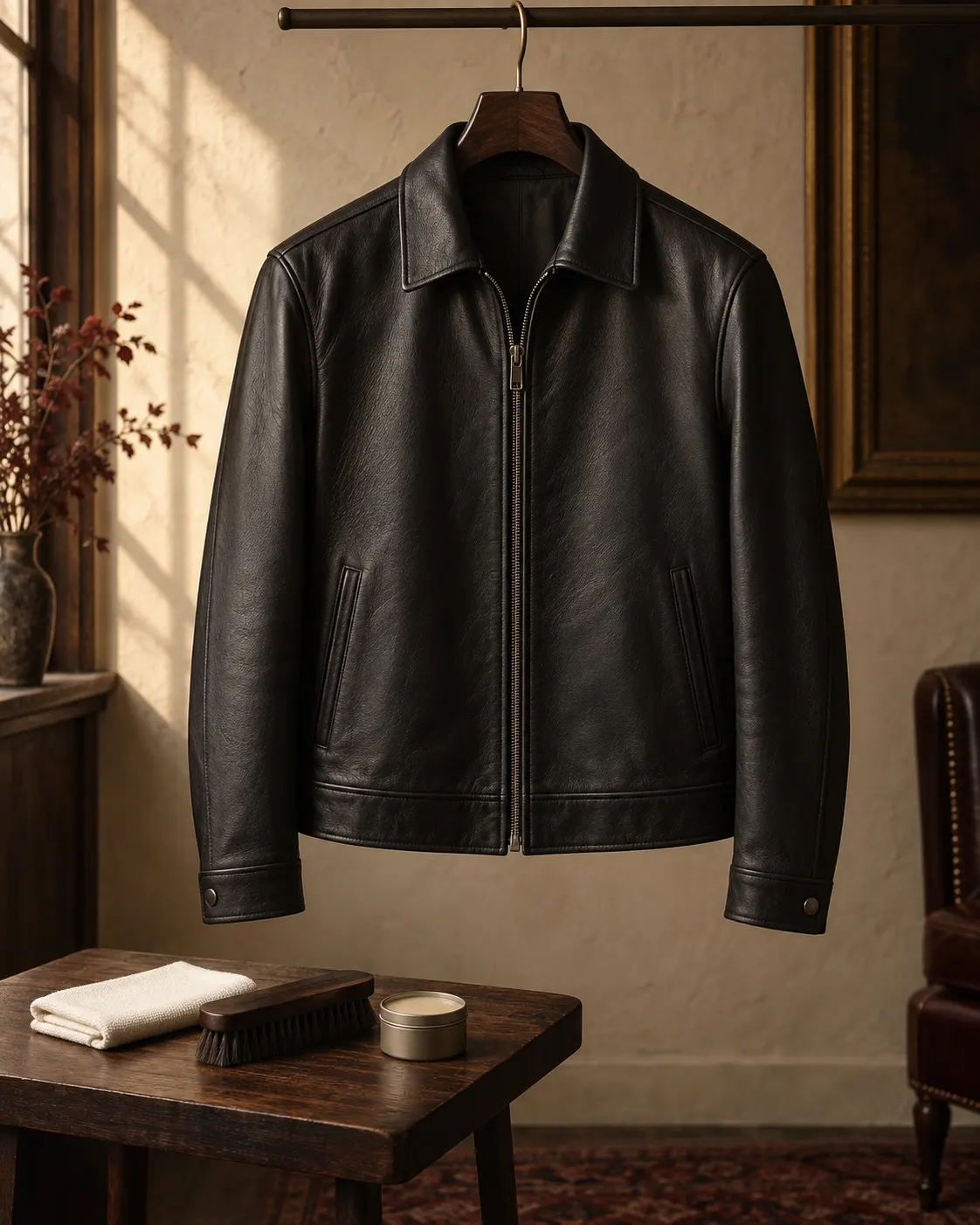 Black leather jacket on a broad hanger with a soft care cloth and leather brush