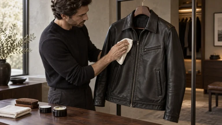 Man carefully cleaning a black leather jacket with a soft cloth