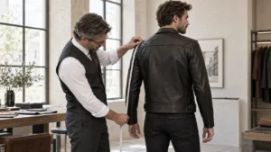 Tailor measuring a man for a made-to-order black leather jacket