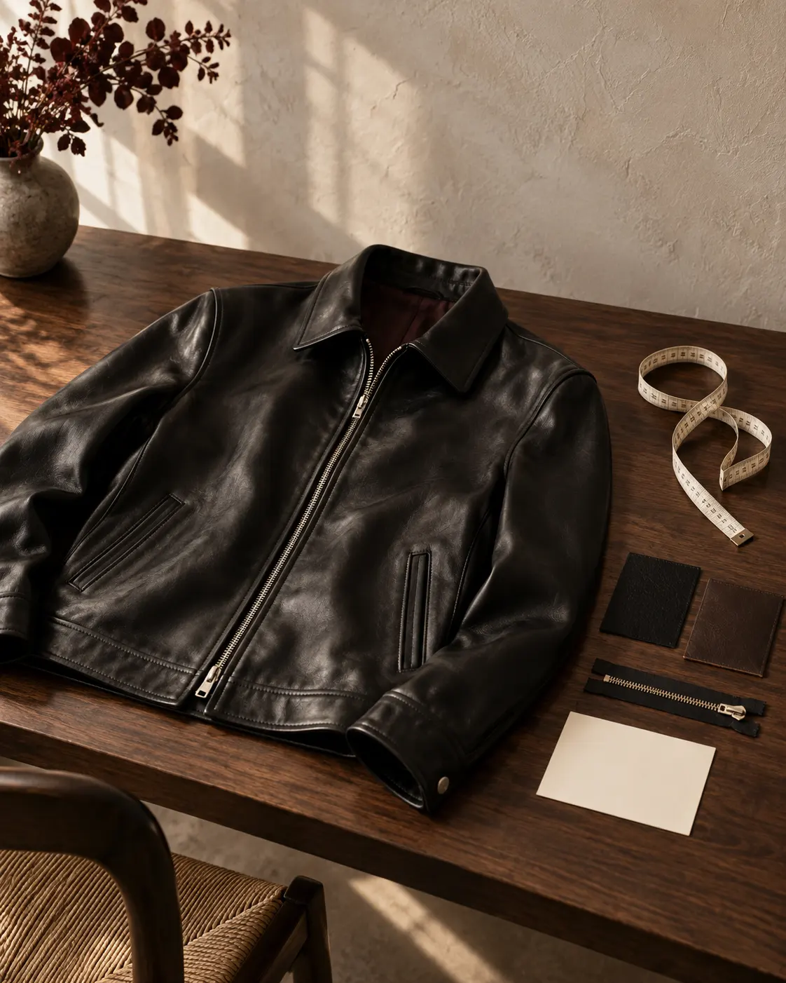 Black leather jacket with measuring tape and order card on an atelier worktable