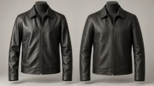 Lambskin and cowhide leather jackets displayed side by side