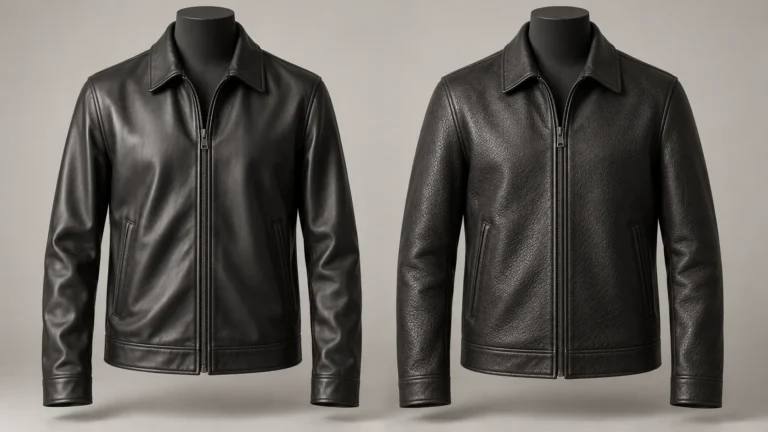 Lambskin and cowhide leather jackets displayed side by side