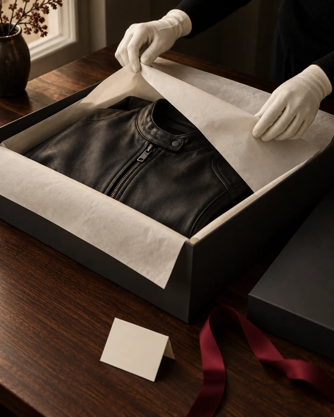 Basharat Atelier leather jacket being carefully wrapped before dispatch