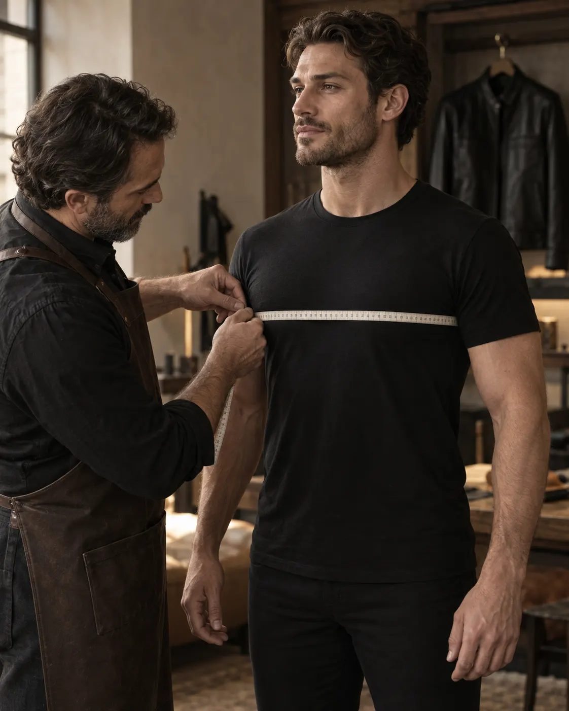 Tailor measuring the chest of a man wearing a fitted black shirt for a leather jacket