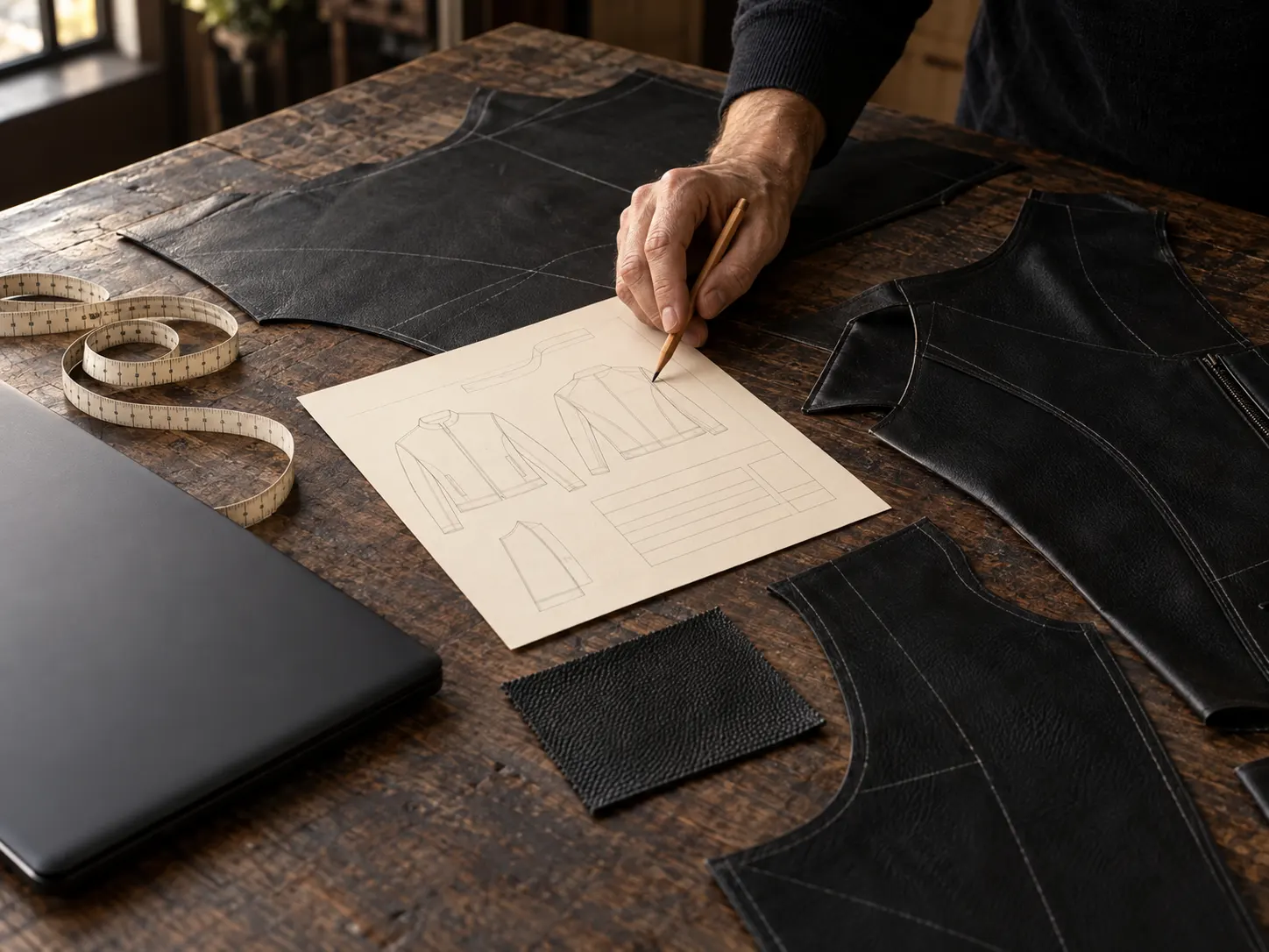 Leather specialist reviewing jacket measurements and order details at an atelier table