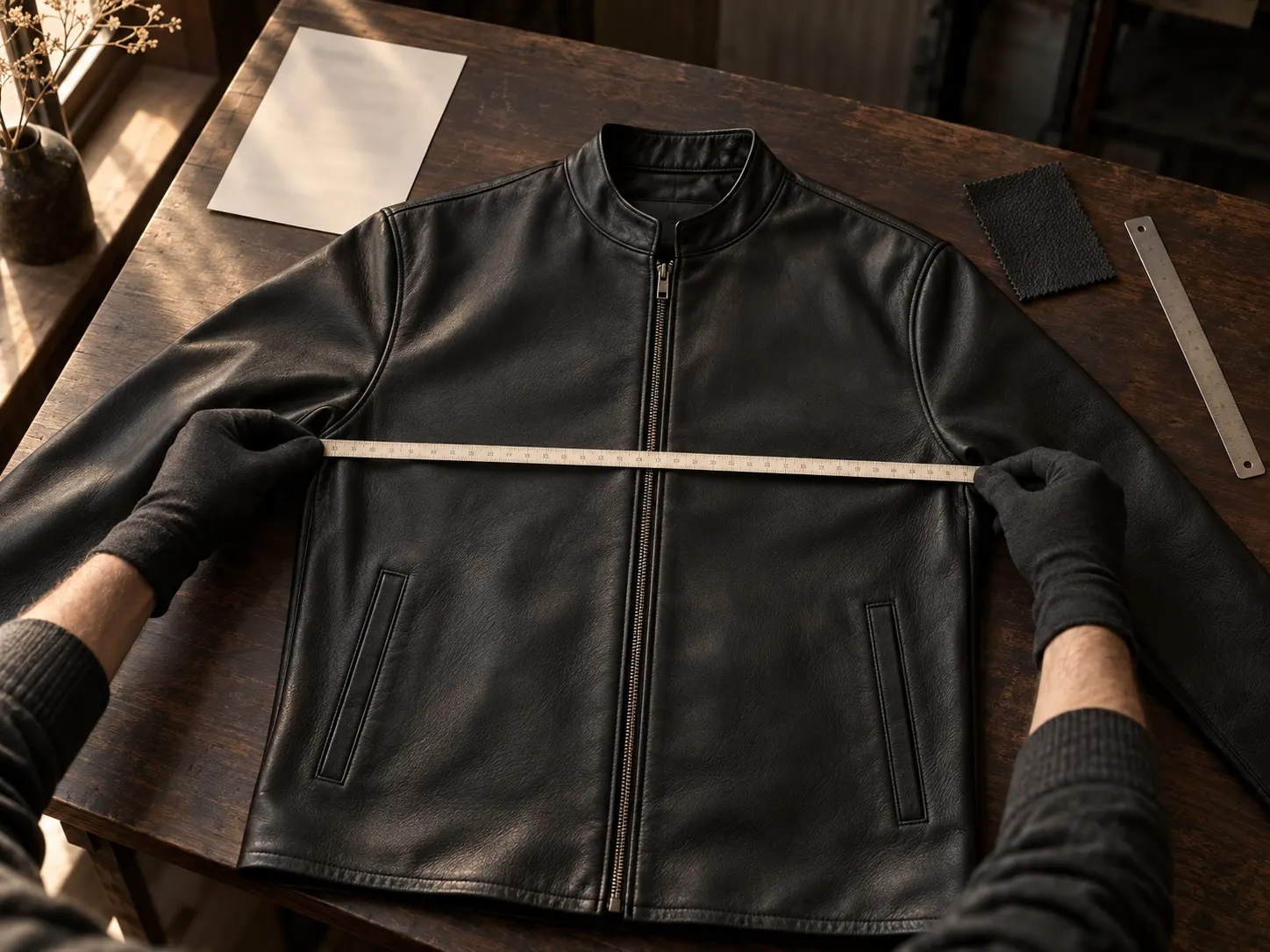 Leather specialist checking jacket measurements and construction during a return review