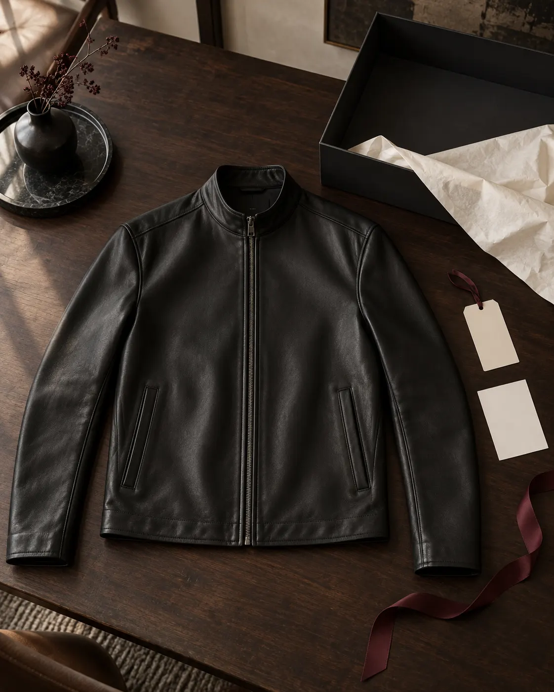 Black leather jacket and original packaging arranged for an approved return inspection