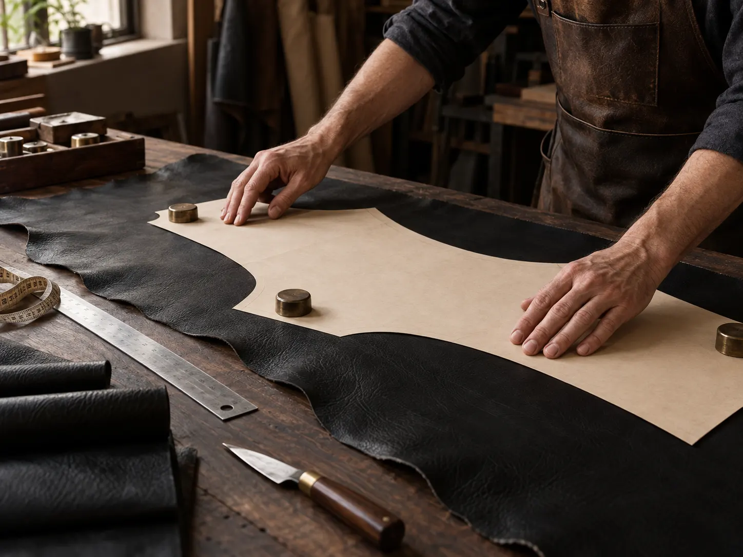 Artisan aligning a jacket pattern before cutting black leather