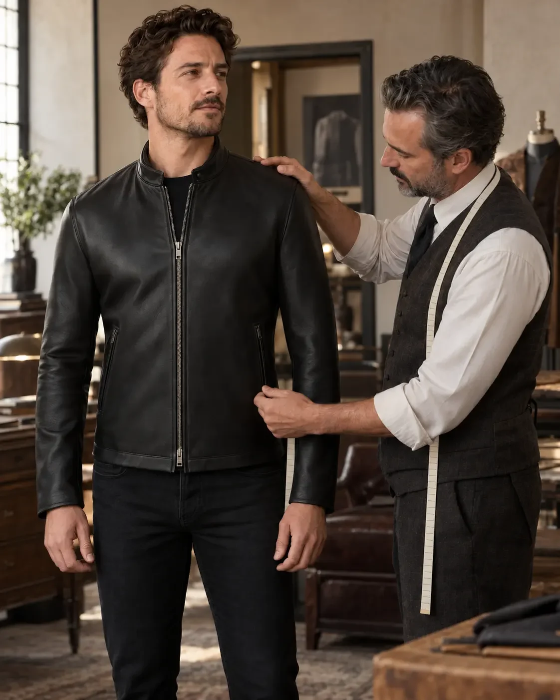 Leather jacket fitting being reviewed before made-to-order production