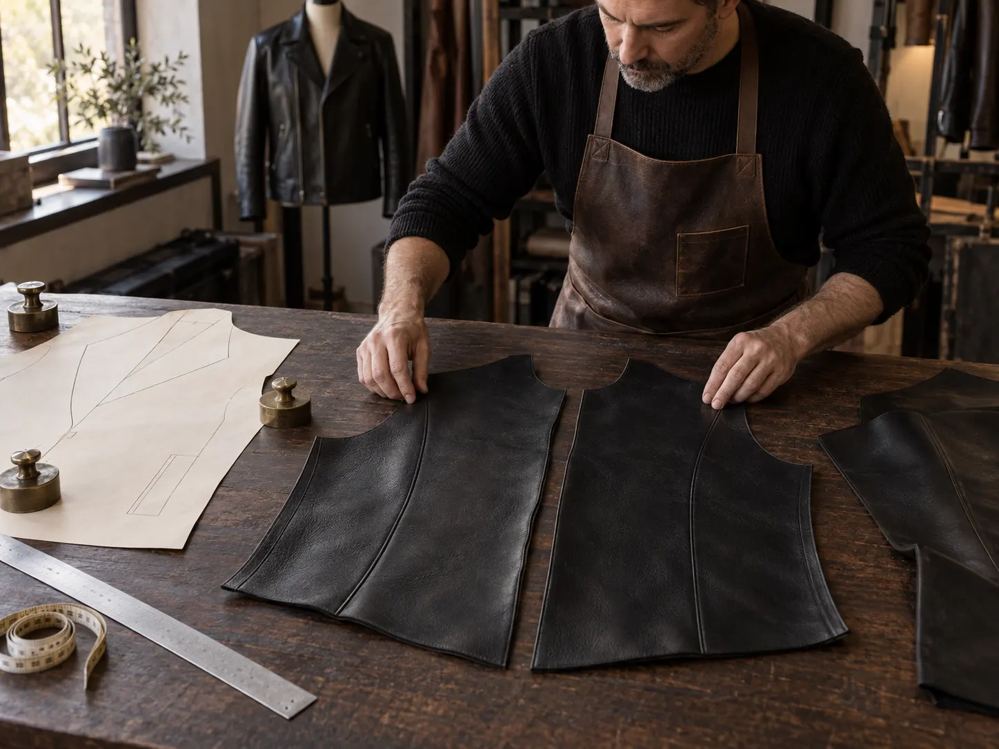 Artisan preparing black leather jacket panels for made-to-order production