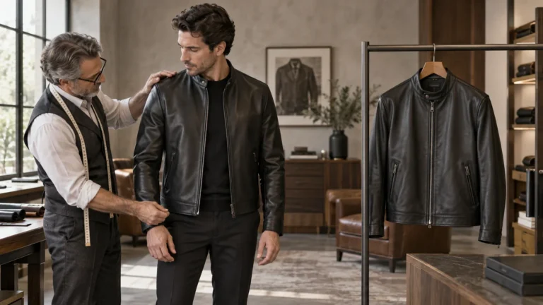 Made-to-order and ready-to-wear black leather jackets displayed side by side