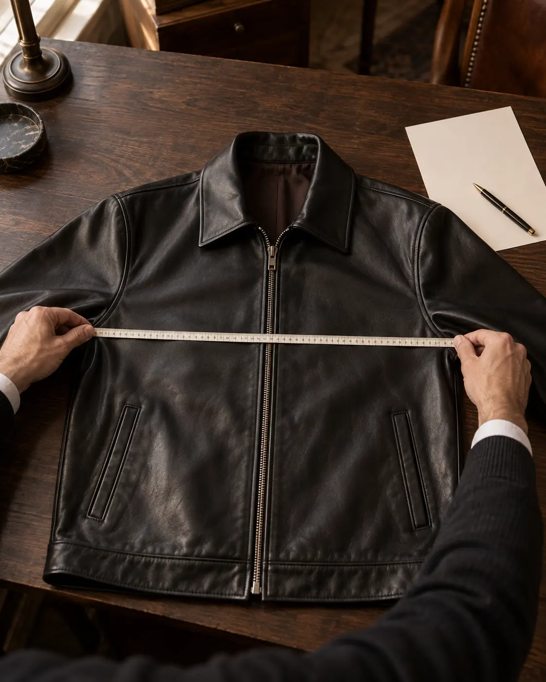 Tailor measuring a black leather jacket across the chest on an atelier table