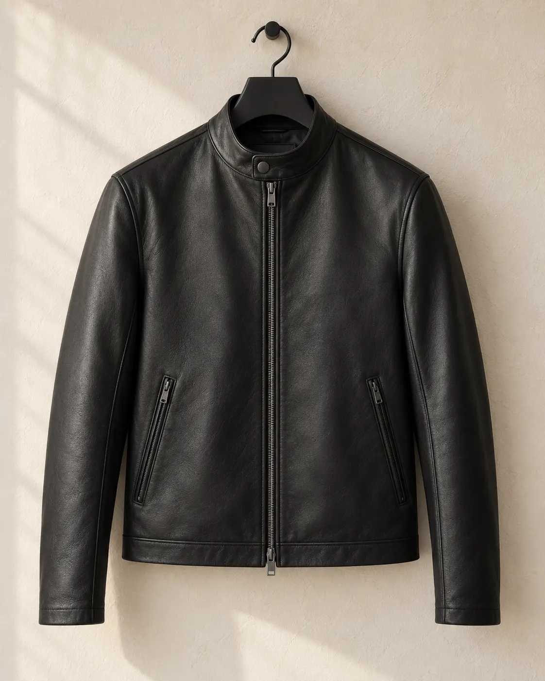 Minimal black Basharat Atelier leather jacket showing clean lines and restrained detailing