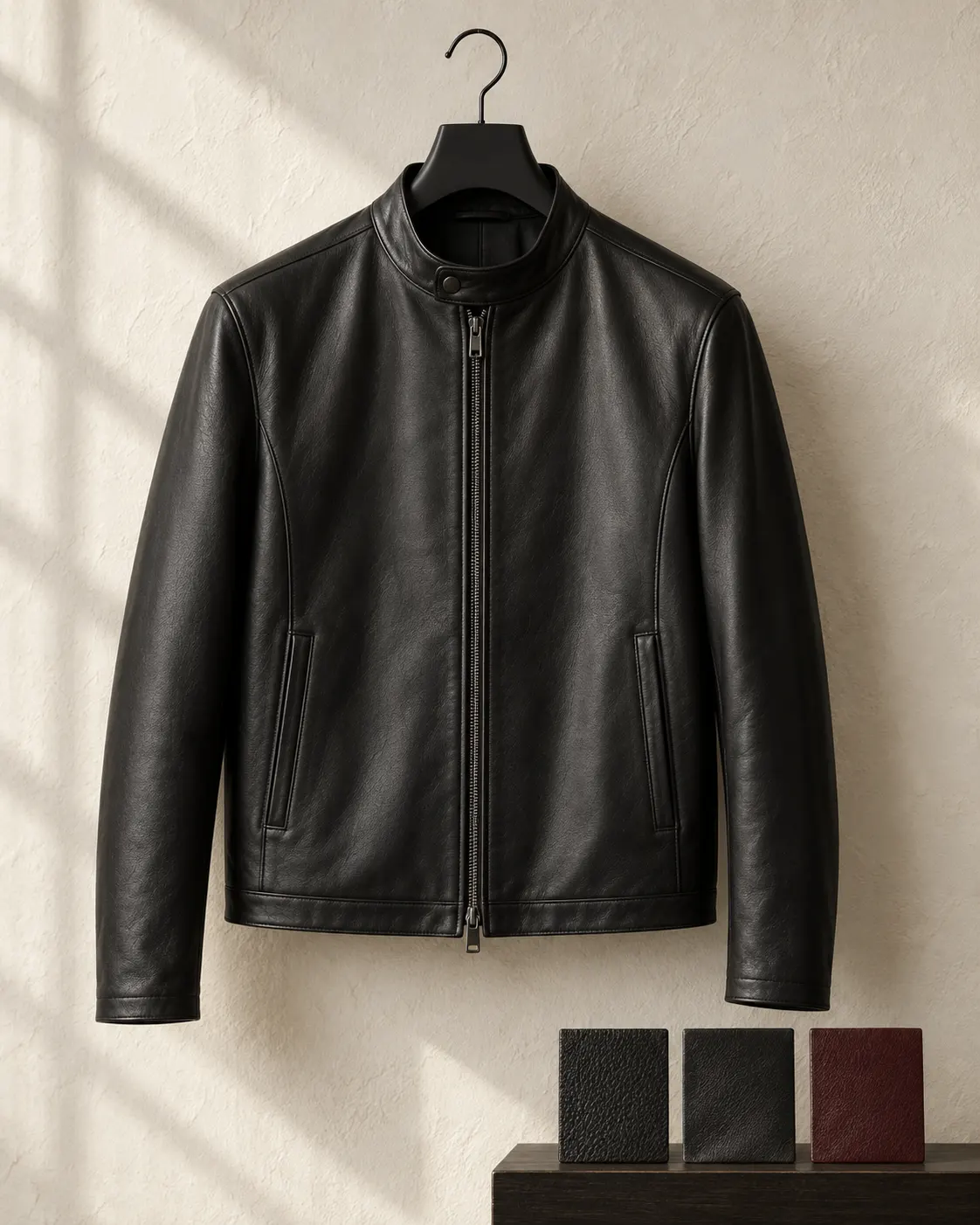 Minimal black leather jacket ready for a customer consultation