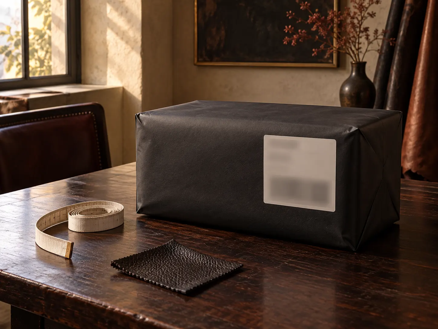 Sealed premium parcel with leather jacket order and tracking label prepared for courier collection