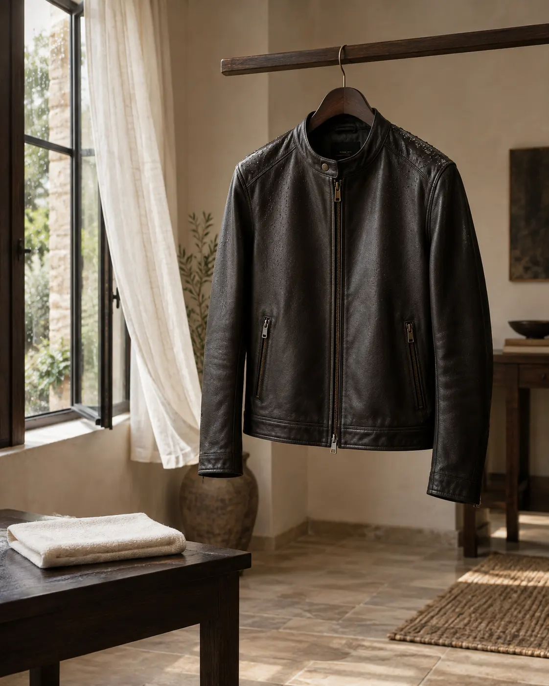 Wet black leather jacket drying naturally on a broad padded hanger