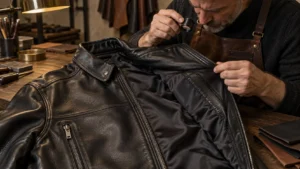 Craftsman inspecting the stitching and leather grain of a high-quality black leather jacket